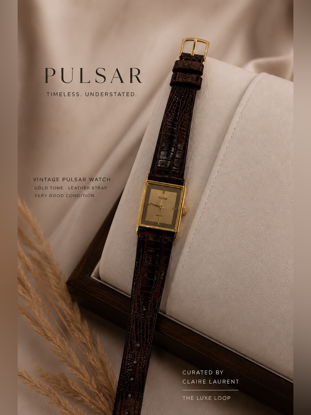 Pulsar Gold and Dark Brown Leather Rectangular Watch